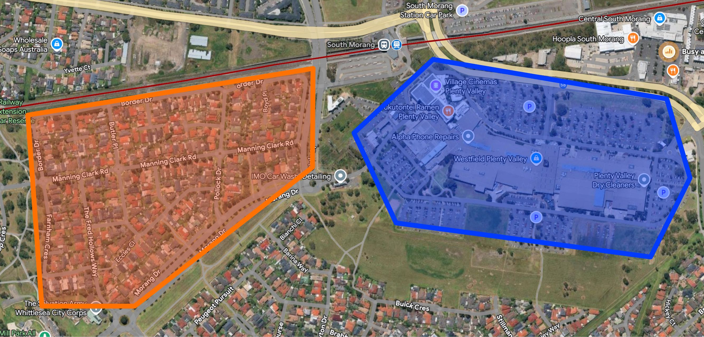 Aerial view of Mill Park, Melbourne, with residential and commercial areas shaded as separate single-use blocks